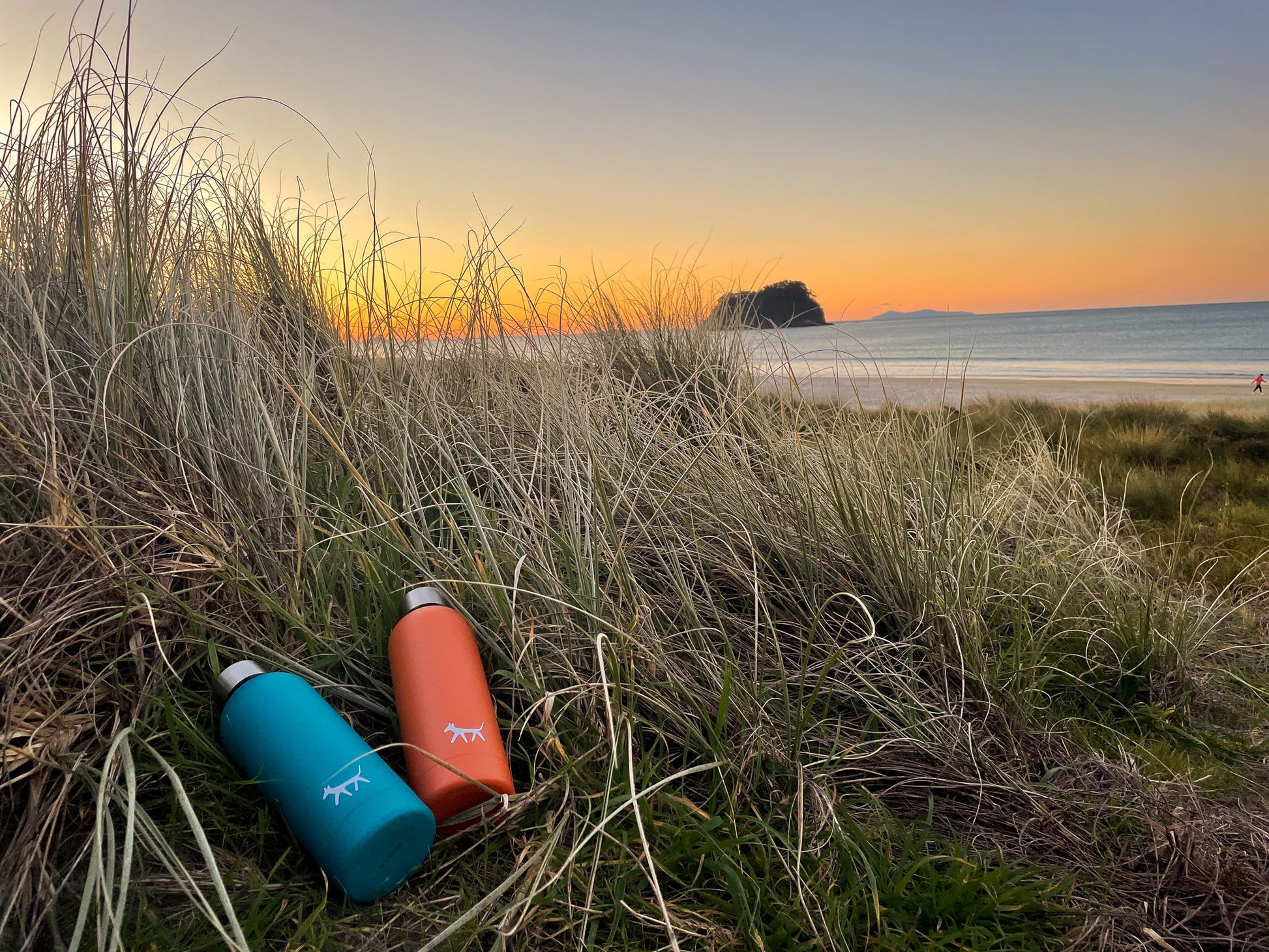 Stainless steel water bottles in lake and rust colour with cream Droggo logo on the front beside each other laying down on the grass. Beachy sunset background.