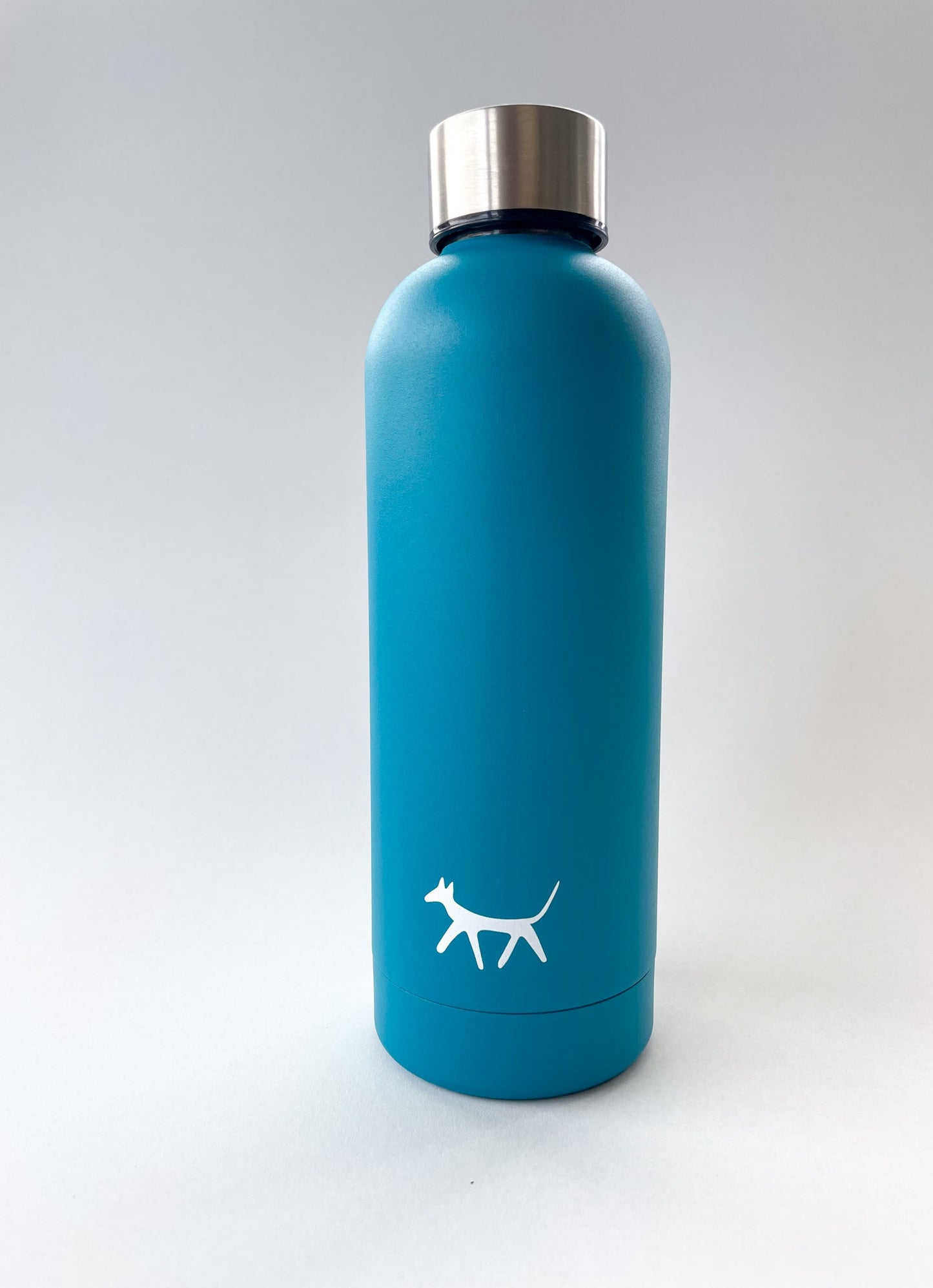 Front view of the water bottle in lake colour with the cream Droggo logo on front. White background.