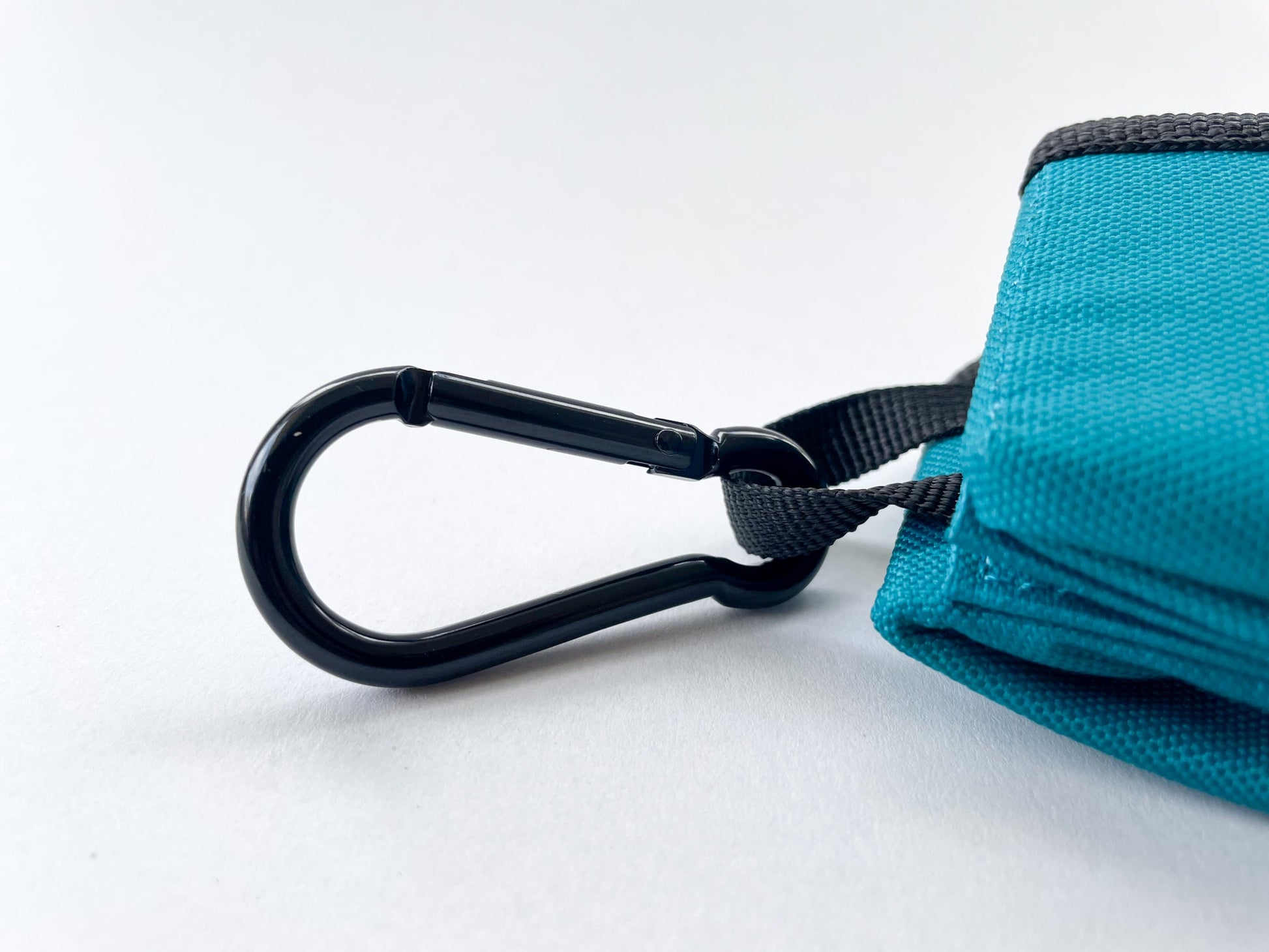 Carabiner detail of the dog travel bowl in lake colour. White background.