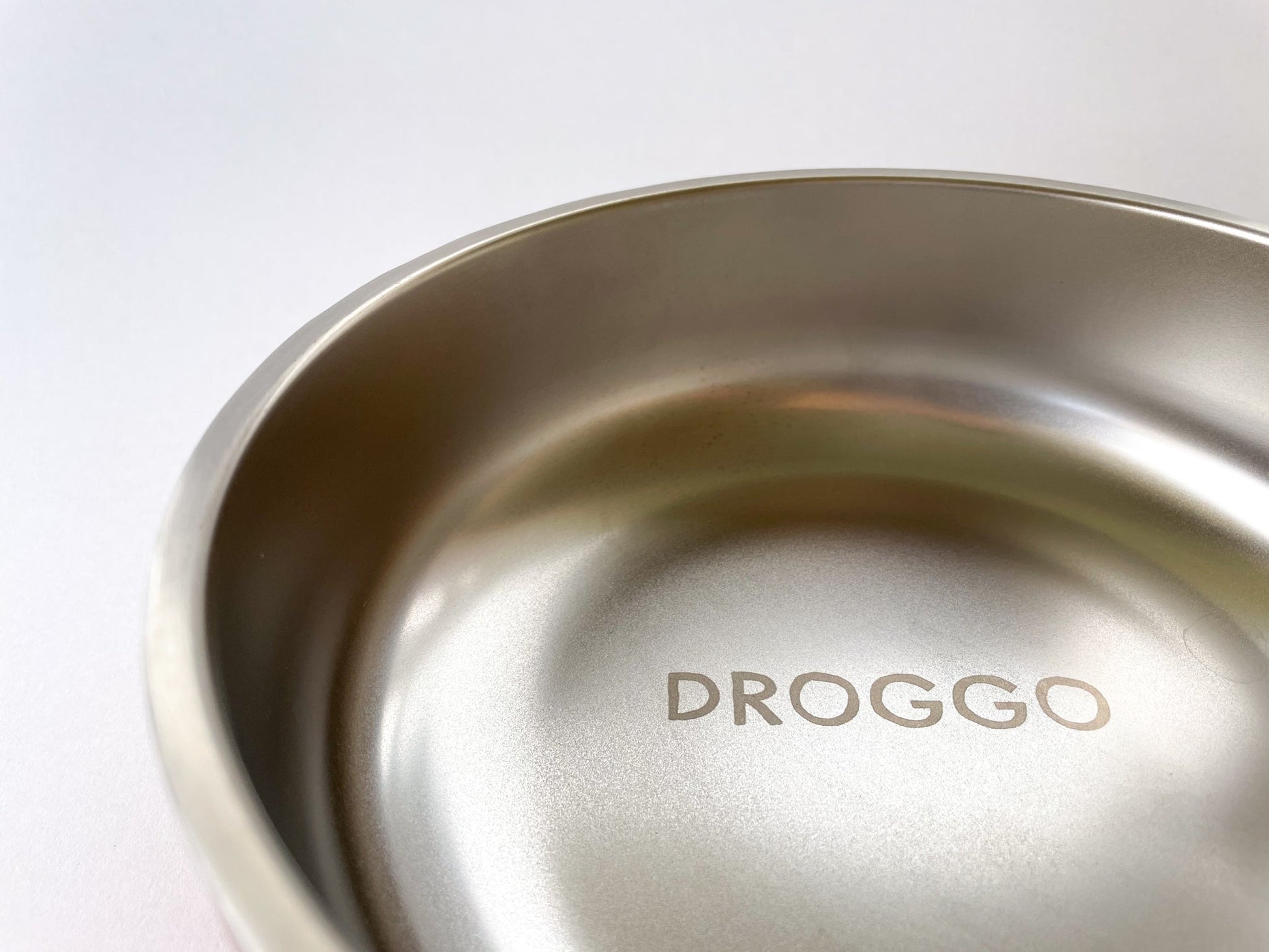 Detail of the laser engraved Droggo written logo inside the stainless steel dog bowl. White background.