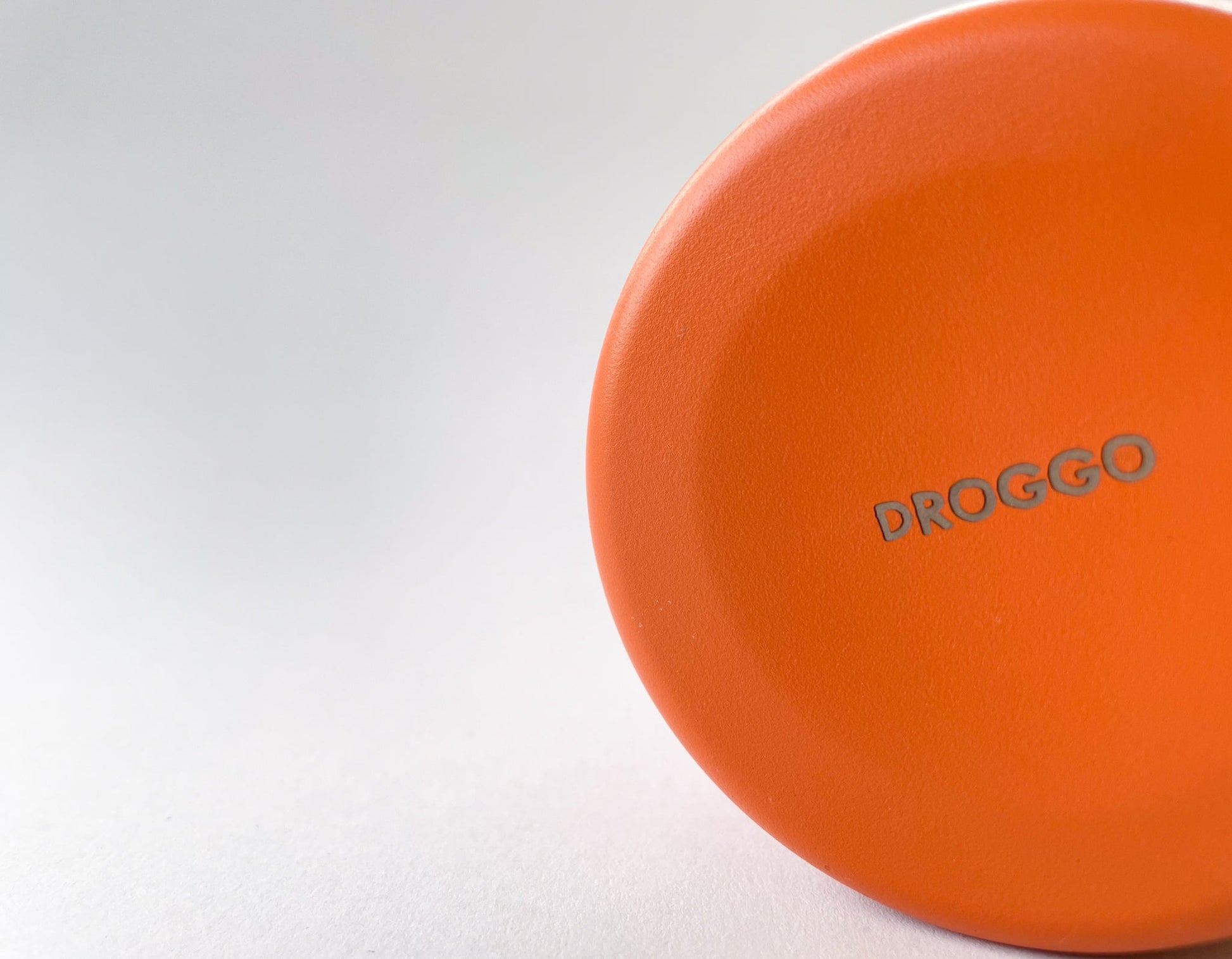 Detail of the Droggo logo at the bottom of the rust dog water bottle. White background.