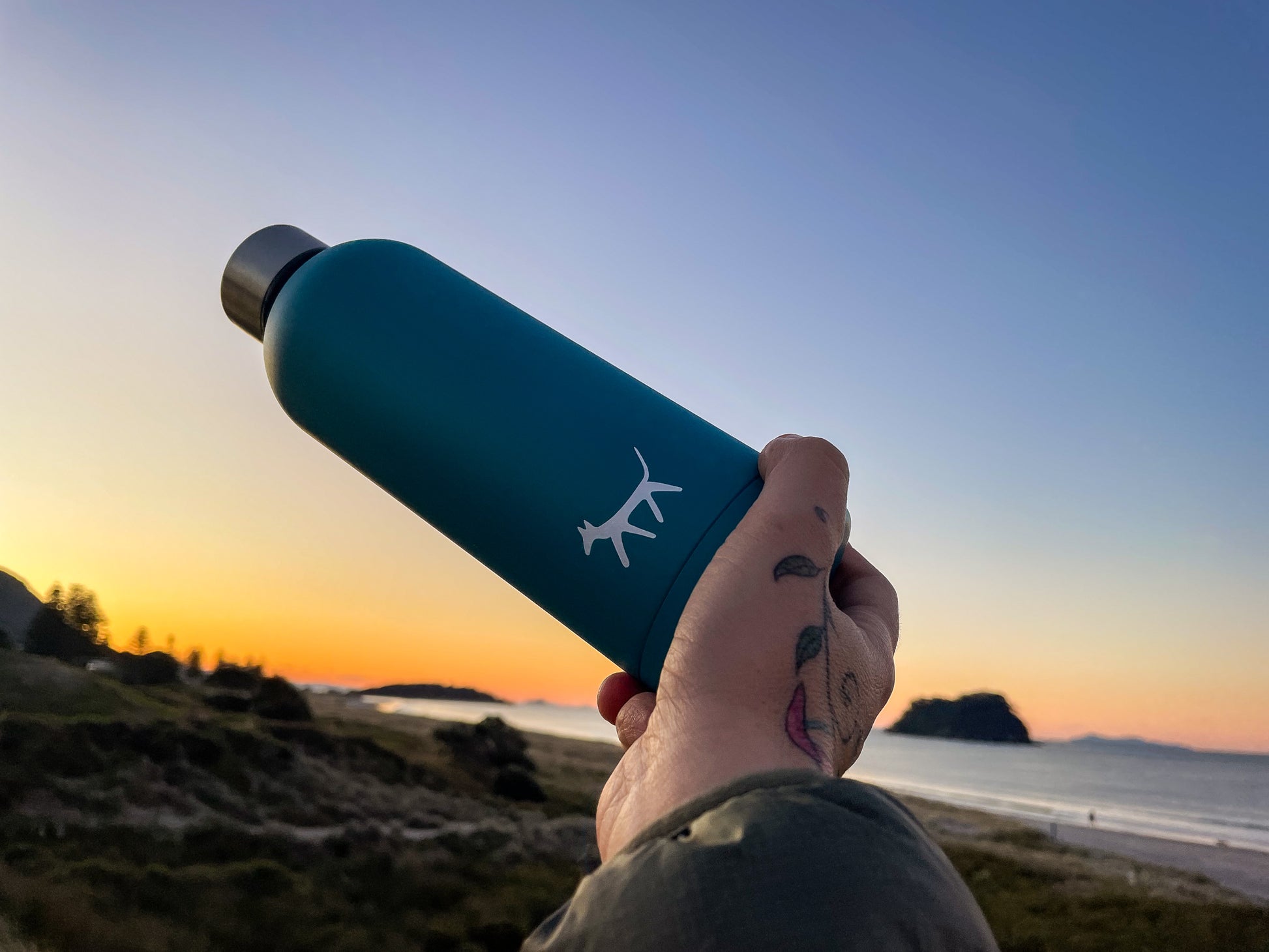 Female hand holding a stainless steel dog water bottle in lake colour with cream Droggo logo on the front. Beachy sunset background.