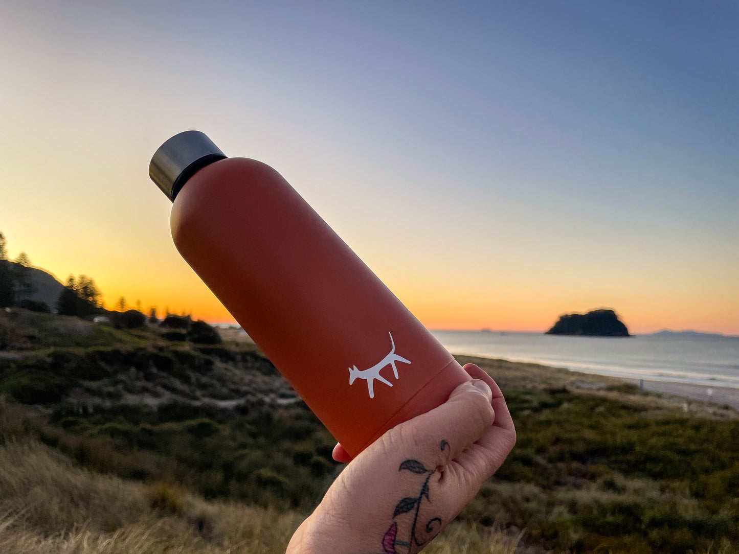 Female hand holding a stainless steel dog water bottle in rust colour with cream Droggo logo on the front. Beachy sunset background.