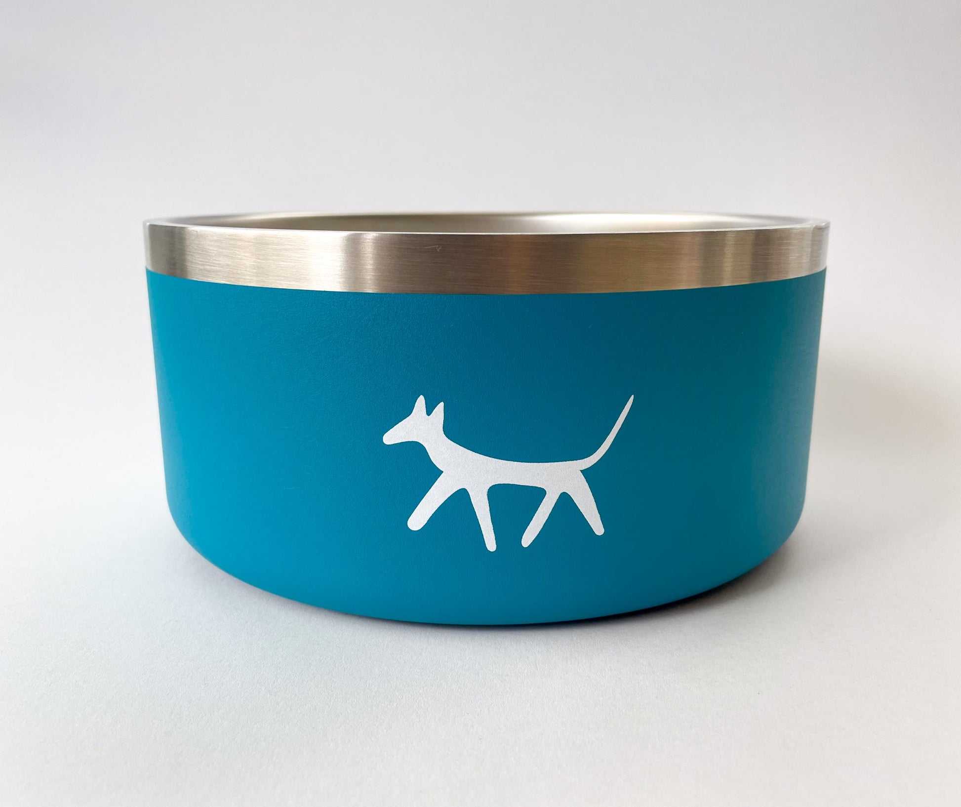 Front view of stainless steel dog water bowl in lake colour with cream Droggo logo on the front. White background.