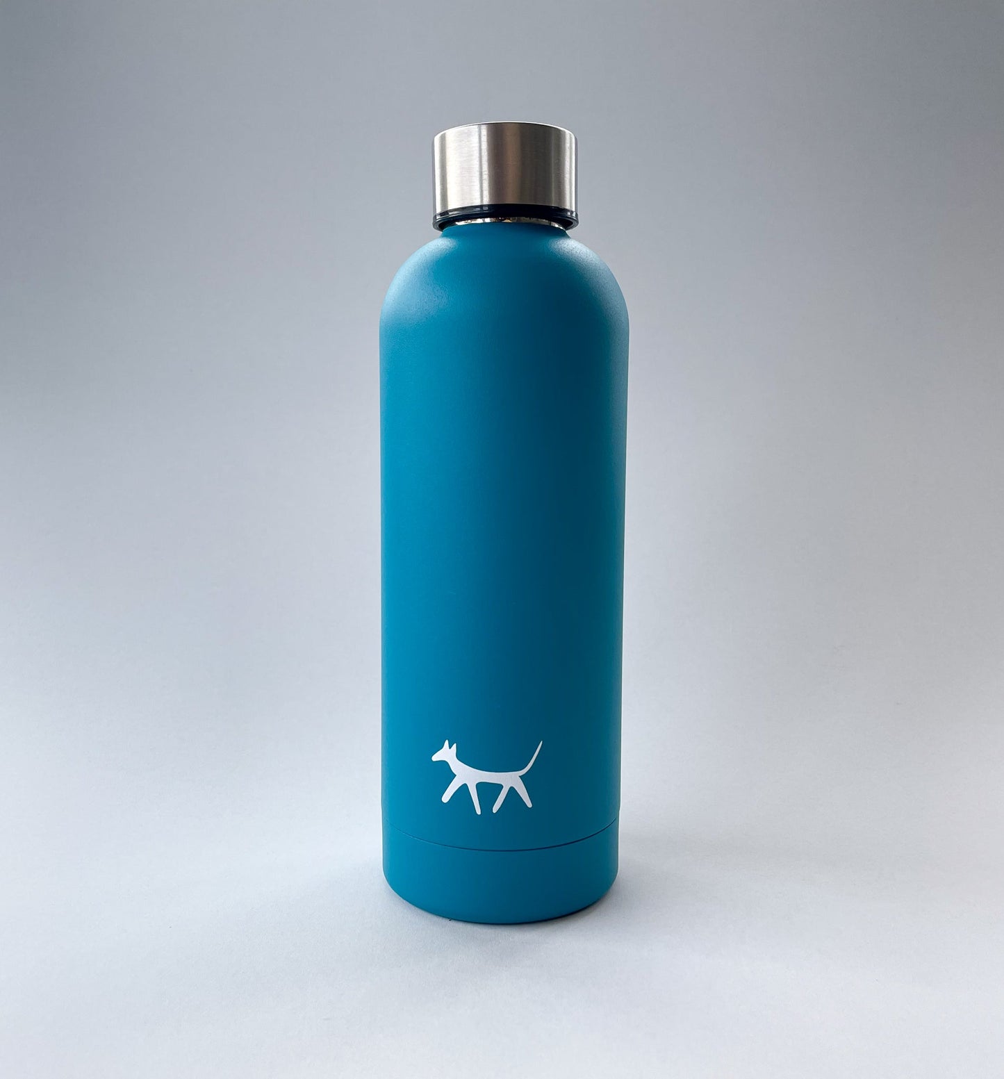 Front view of the dog water bottle in lake colour with the cream Droggo logo on front. White background.