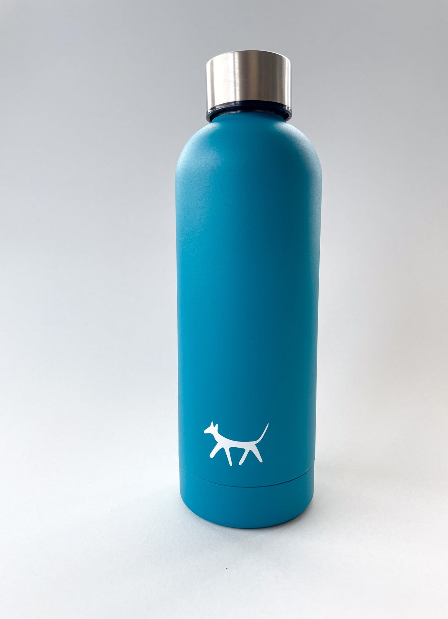 Front view of the dog water bottle in lake colour with the cream Droggo logo on front. White background.