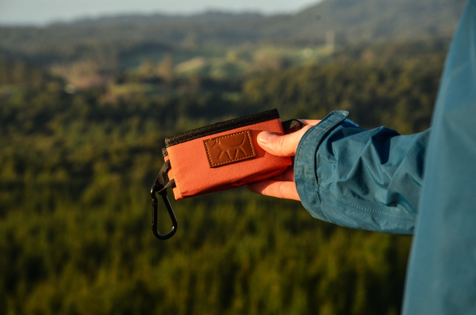 Male hand holding a dog travel bowl in rust colour with leather Droggo logo on the front. Pine forest blurred background.