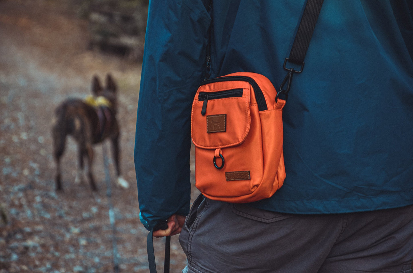 Person wearing a blue rain jacket, dark grey shorts and the dog walking bag in rust colour holding a black leash with a dog on the blurred background.